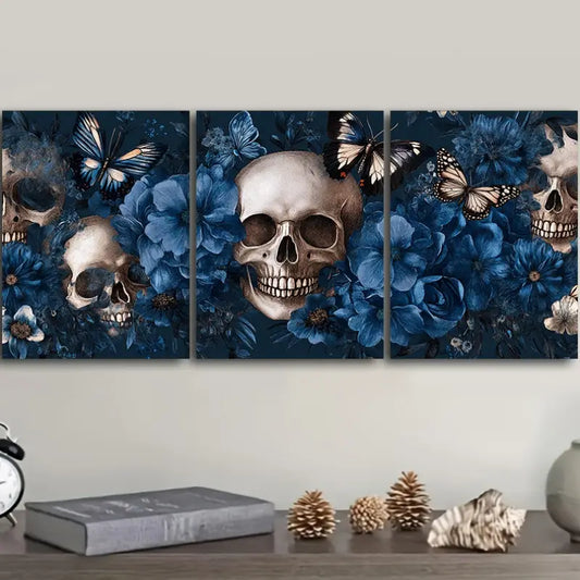 3pcs Skulls and Blue Flowers with Butterflies Metal Print Ready to Hang Art