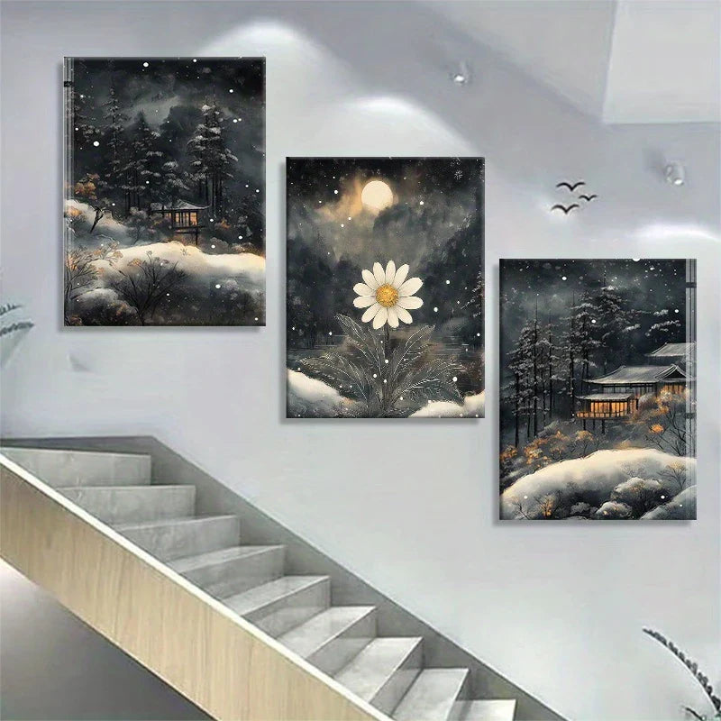 3pcs Winter Night Snowy with Daisy & Traditional House Metal Print Ready to Hang Art
