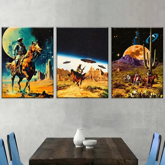 3pcs Modern Abstract Starry Sky Cowboy UFO Art Wall Art Set Canvas Framed 40x60cm - High Quality Print 100% Australian Made Wall Canvas Ready to Hang