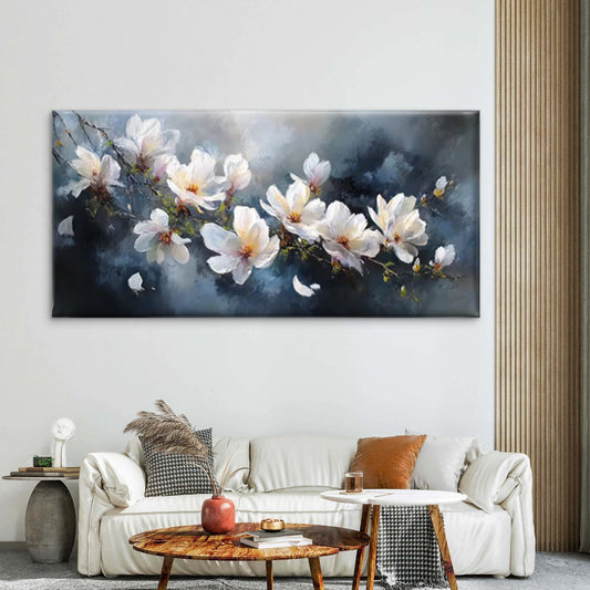 White Blossoms Wall Art - Soft Tones Floral Wall Art Canvas Office Home Room Framed 80x45cm