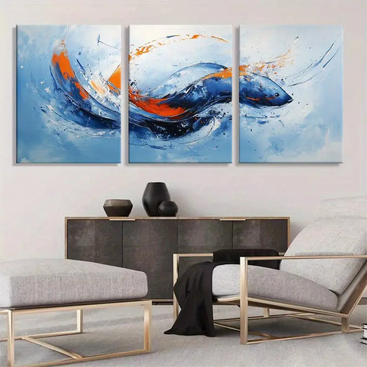 3pcs Abstract Fish with Blue and Orange Swirling Patterns Metal Print Ready to Hang Art