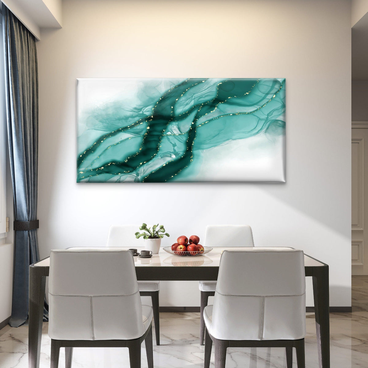 Teal Gold Fluid Waves Wall Art Canvas Office Home Room Framed 80x45cm