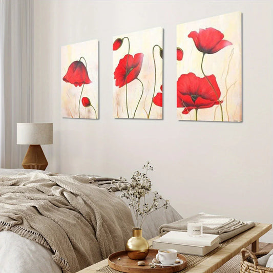 3pcs Red Poppy Modern Watercolor Elegant Painting Metal Print Ready to Hang Art