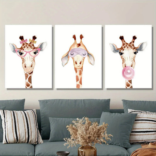 3pcs Cartoon cute watercolor funny giraffe wearing glasses Metal Print Ready to Hang Art