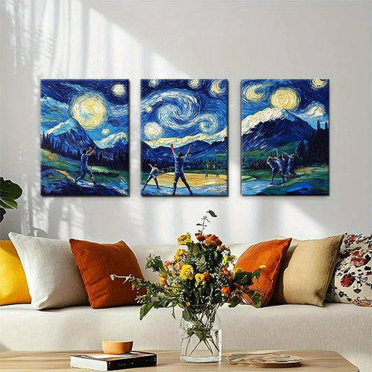 3pcs Baseball Starry Night Van Gogh Style Metal Print Ready to Hang Art