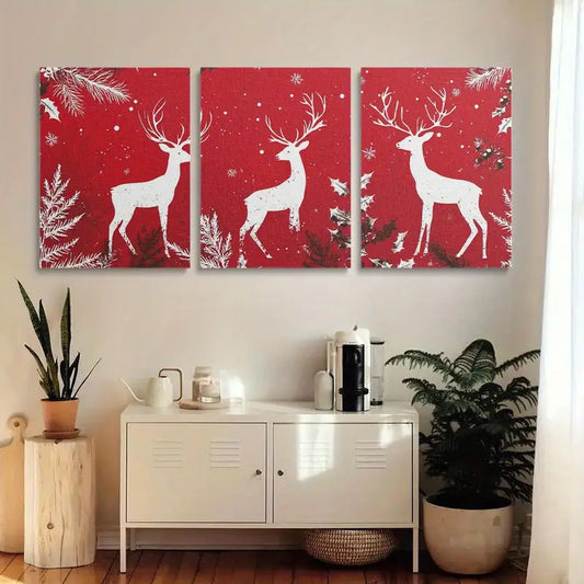 3pcs White Deer & Holly Leaves on Red Design Metal Print Ready to Hang Art