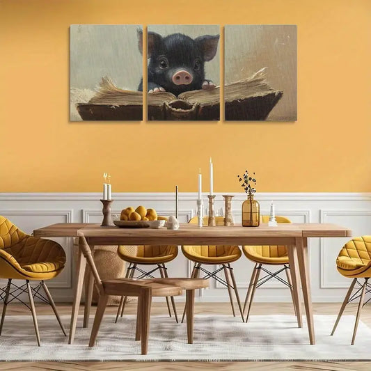 3pcs Cute animal black pig reading an old book Metal Print Ready to Hang Art