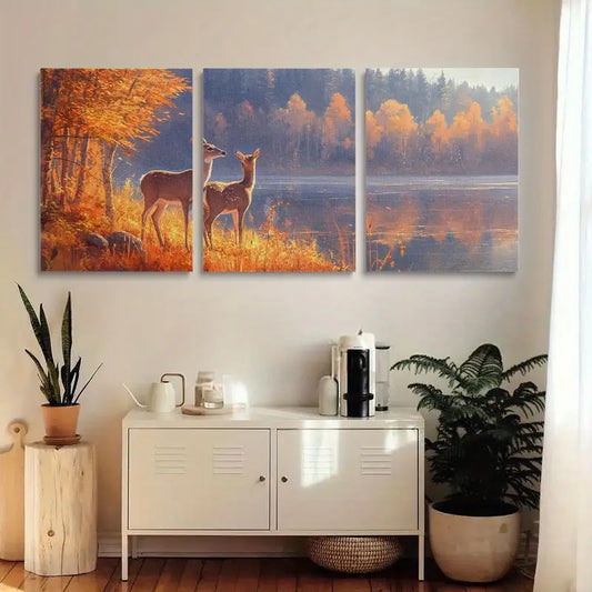 3pcs Autumn Scene with White-Tailed Deer, Fox, and Fawn Metal Print Ready to Hang Art