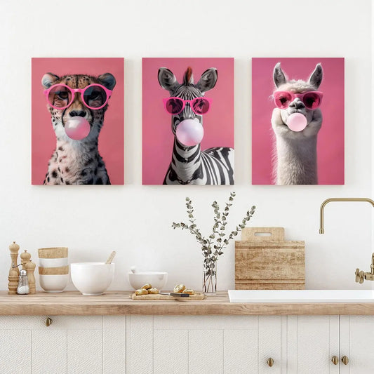 3pcs Cool Llama, Pink Cheetah and Zebra with Glasses Metal Print Ready to Hang Art