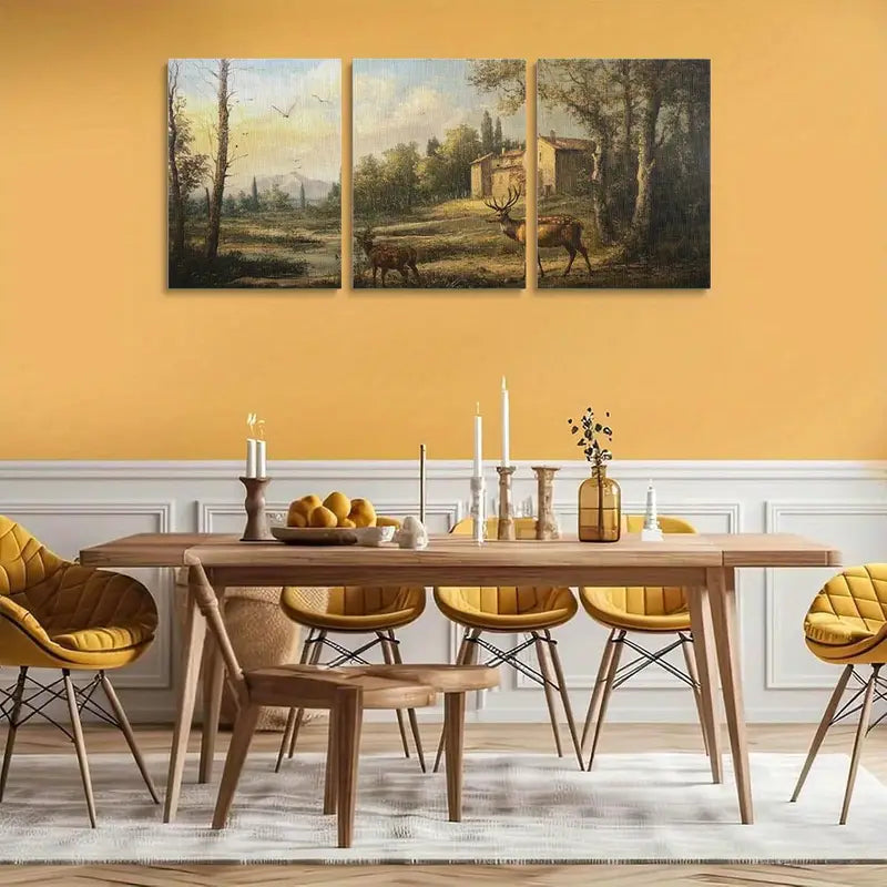 3pcs Deer Vintage Oil Painting Unique Nature Scene Metal Print Ready to Hang Art