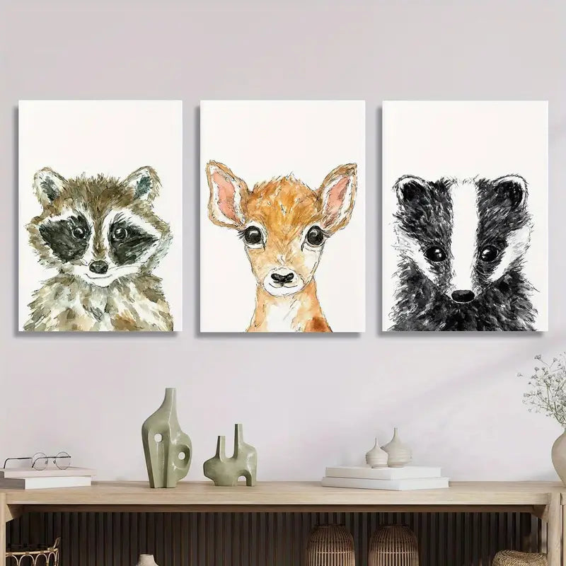 3pcs Baby raccoon, cute deer and badger Metal Print Ready to Hang Art
