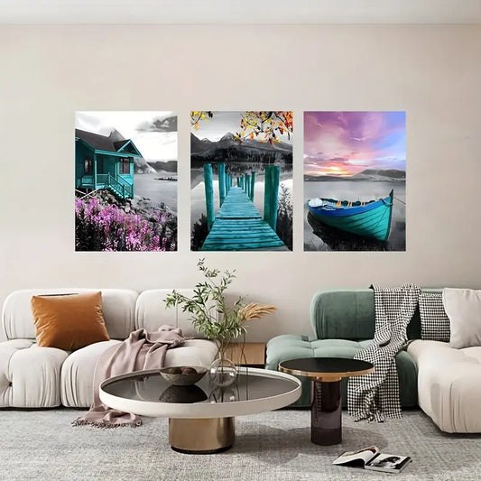 3pcs Vibrant Pink and Green Abstract Metal Print Ready to Hang Art