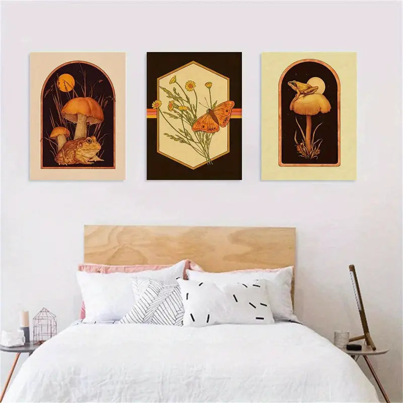 3pcs Boho Chic Butterfly & Bullfrog Mushrooms Metal Print Ready to Hang Art
