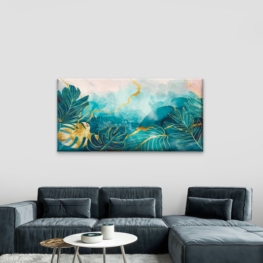 Abstract Teal Gold Tropical Monstera Wall Art Canvas Office Home Framed 80x45cm