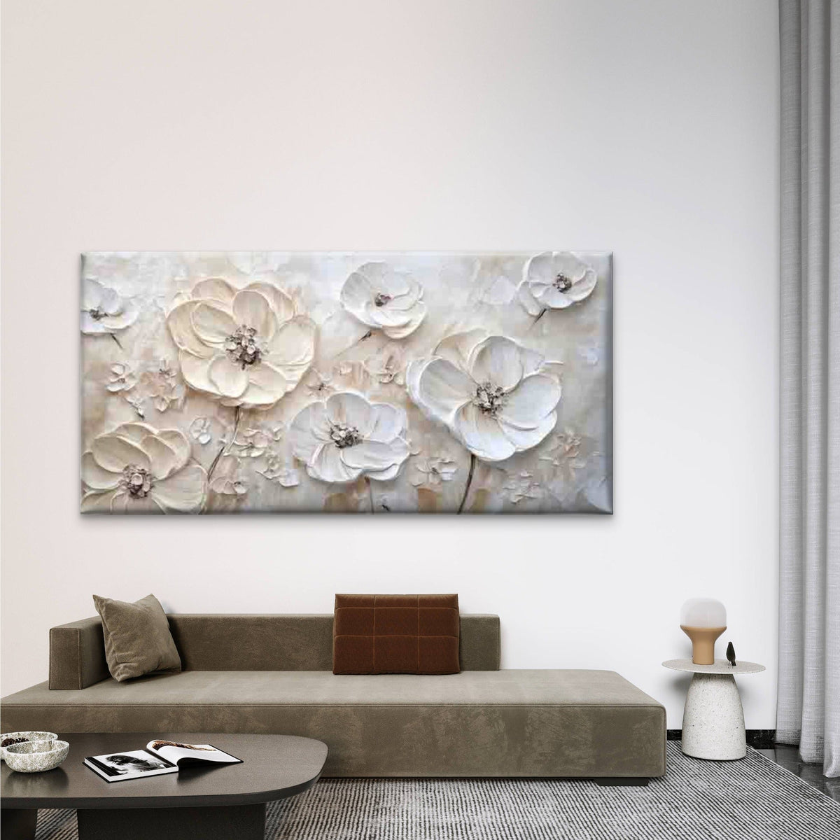 Beige White Floral Wall Art Canvas Office Home Room Framed 80x45cm