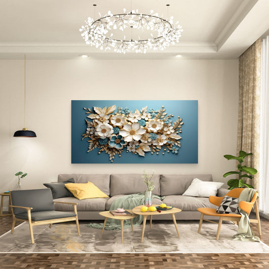 Gilded Azure Floral Harmony Wall Art Canvas Office Home Room Framed 80x45cm