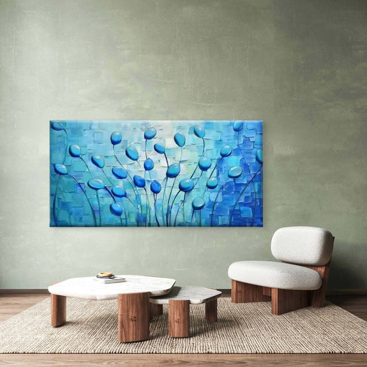 Blue Abstract Floral Artwork Wall Art Canvas Office Home Room Framed 80x45cm
