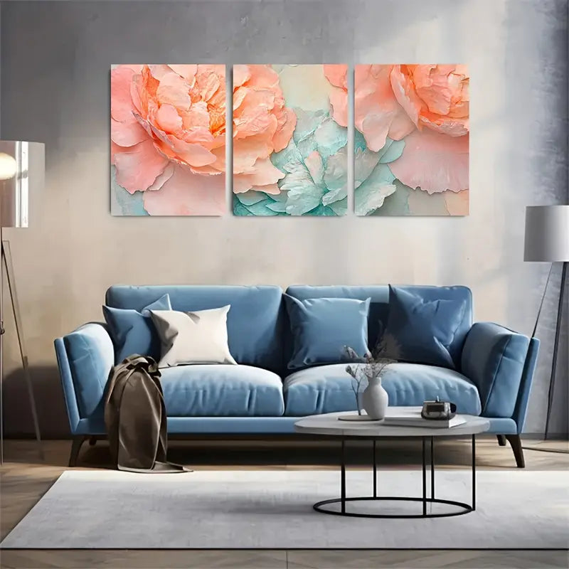 3pcs Summer Peony Petals in Peach & Aqua Wall Art Set Canvas Framed 40x60cm - High Quality Print 100% Australian Made Wall Canvas Ready to Hang