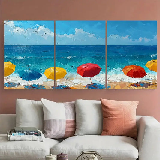 3pcs Beach Umbrella Ocean Colorful Metal Print Ready to Hang Art