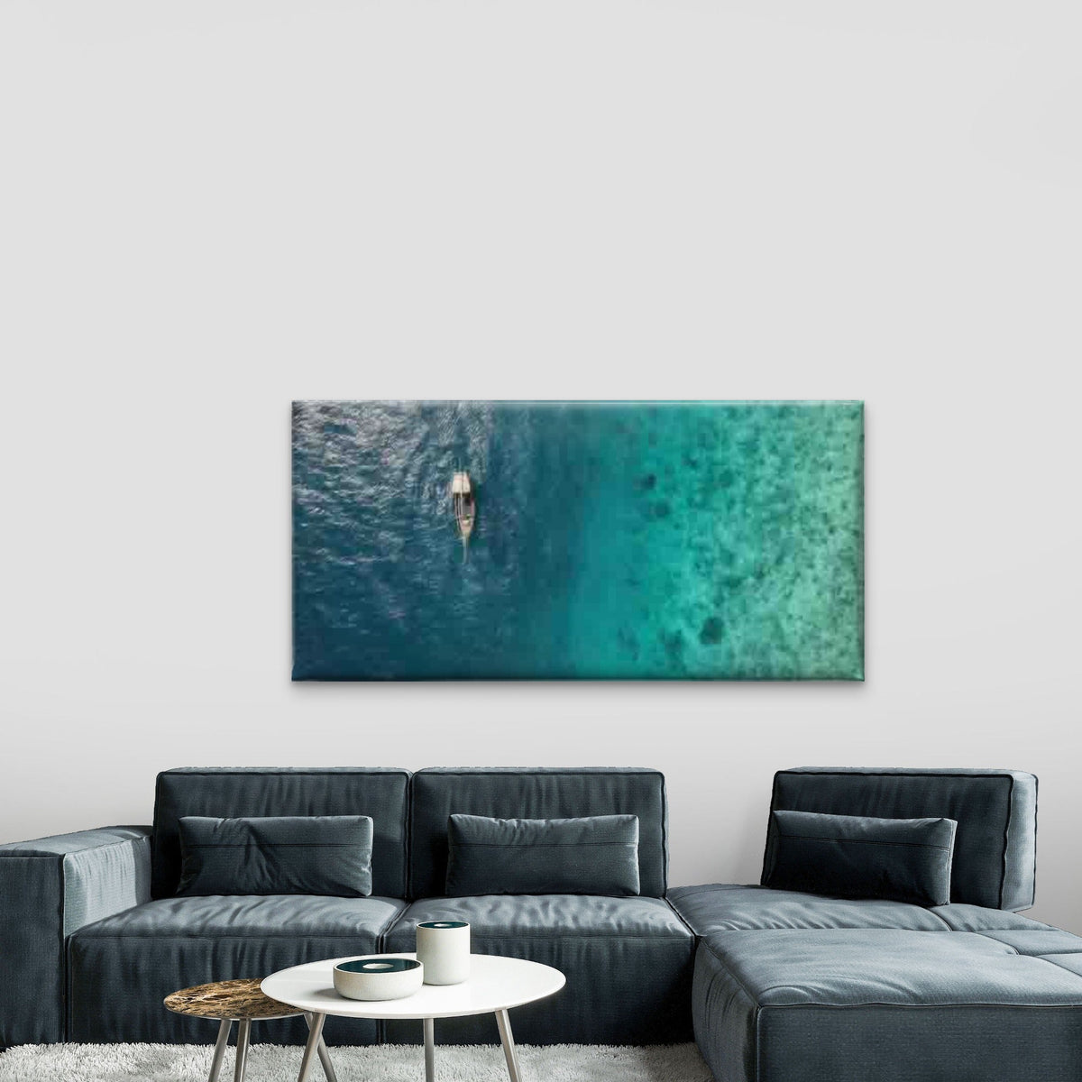 Aerial Boat On Turquoise Ocean Wall Art Canvas Office Home Room Framed 120x60cm