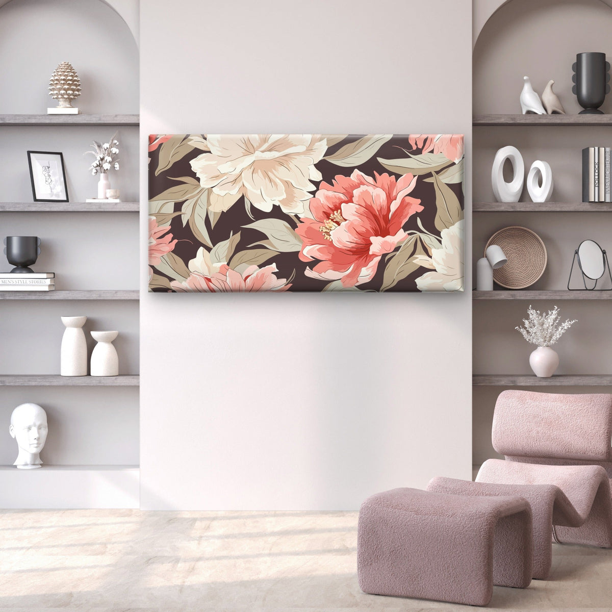 Vintage Pink Cream Peony Flowers Muted Green Leaves Wall Art Canvas Office Home Framed 120x60cm