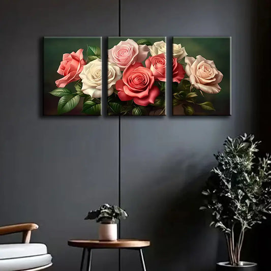 3pcs Vibrant Pink & White Roses Metal Print Ready to Hang Art