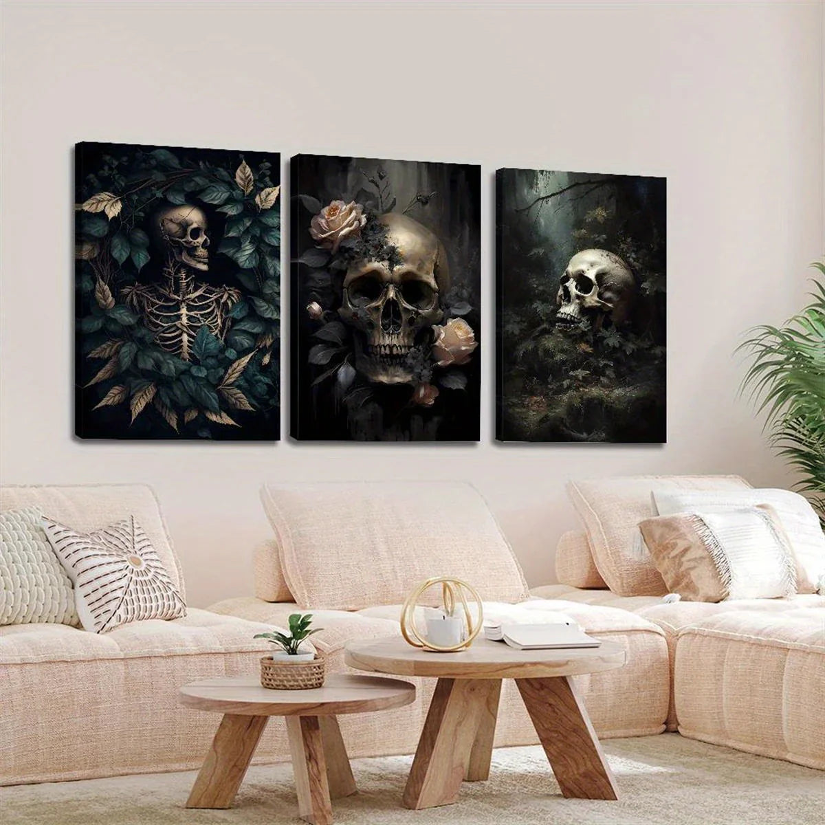 3pcs Gothic Floral Skull Dark Forest & Skeleton Metal Print Ready to Hang Art