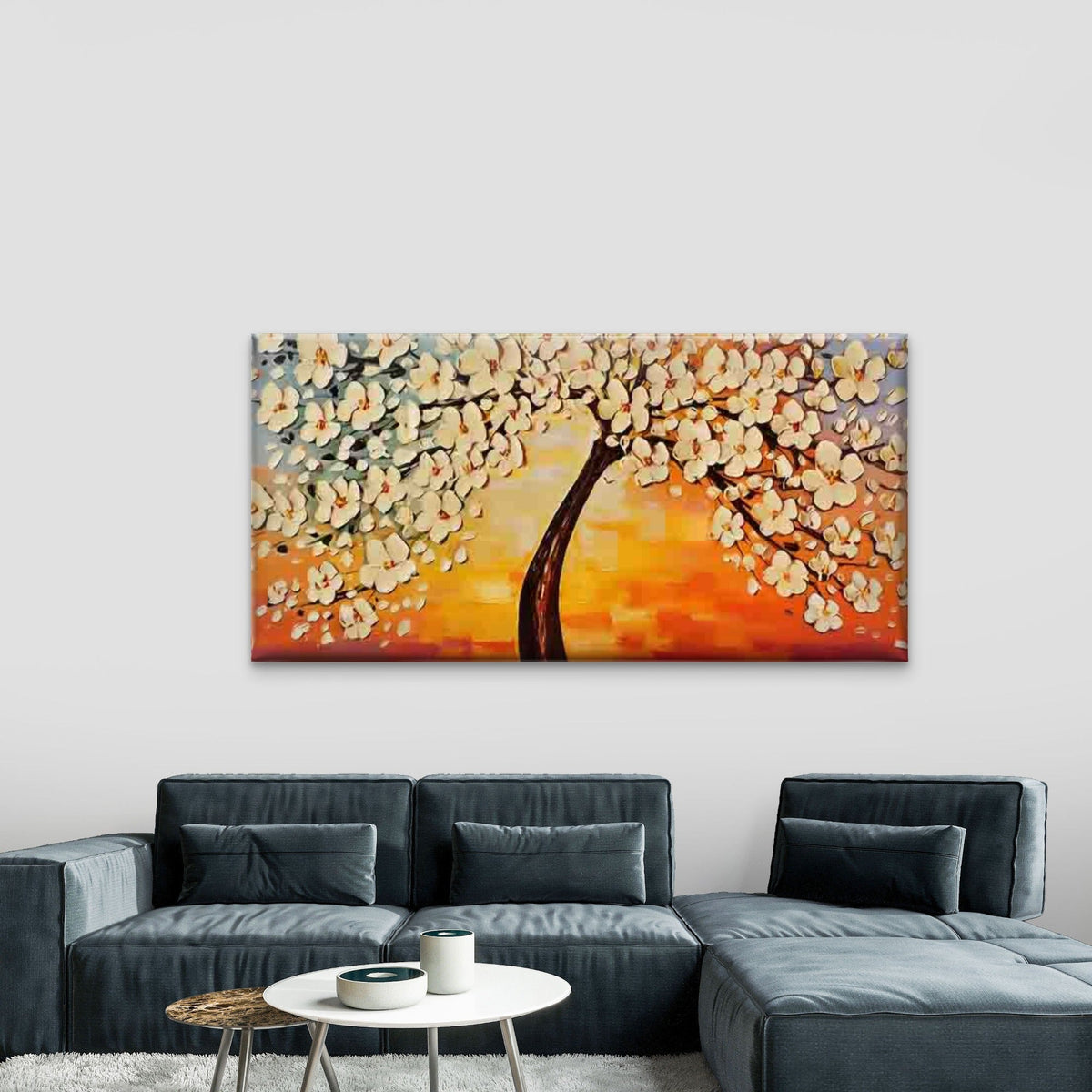 Abstract White Blossom Tree Wall Art Canvas Office Home Room Framed 80x45cm