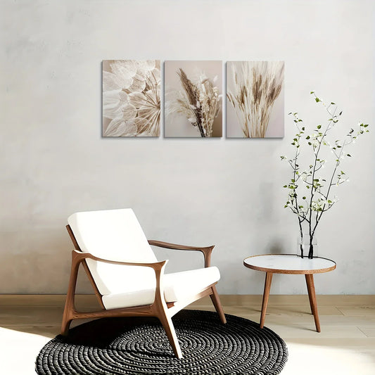 3pcs Bohemian Beige Flowers Dandelion, Reed, Wheat Metal Print Ready to Hang Art