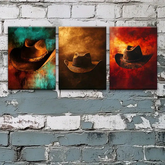 3pcs Cool Cowboy Hat Decoration Vibrant Painting Metal Print Ready to Hang Art