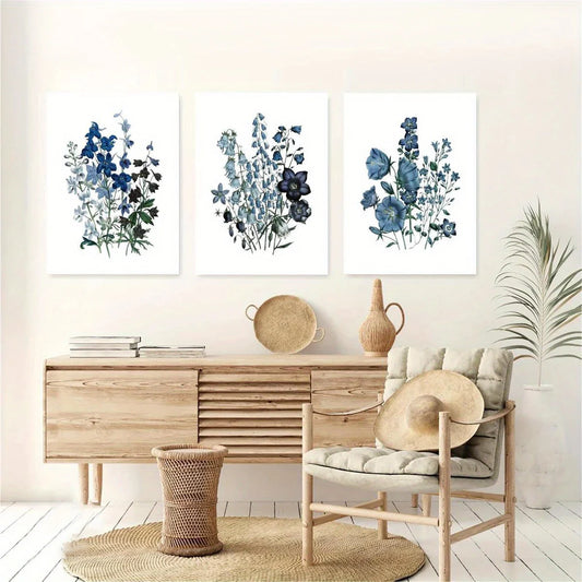 3pcs Contemporary Blue Botanical Vibrant Floral Design Metal Print Ready to Hang Art