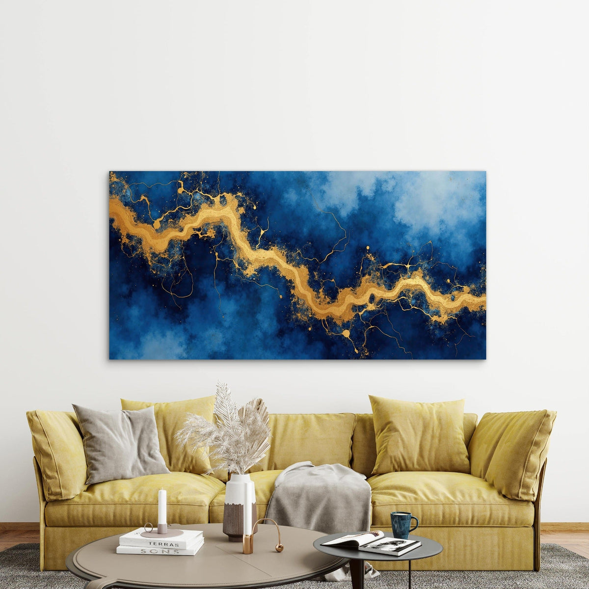 Azure Gold Marble Effect Wall Art Canvas Office Home Room Framed 80x45cm
