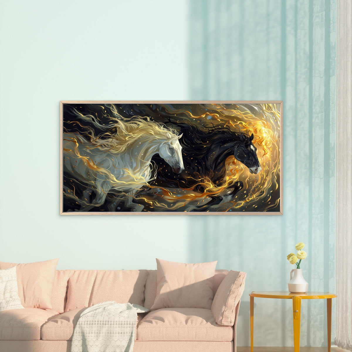 Black White Fire Horses Wall Art Canvas Office Home Room Framed 80x45cm