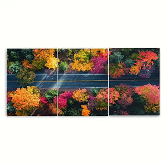 3pcs Country Road Autumn Foliage Metal Print Ready to Hang Art