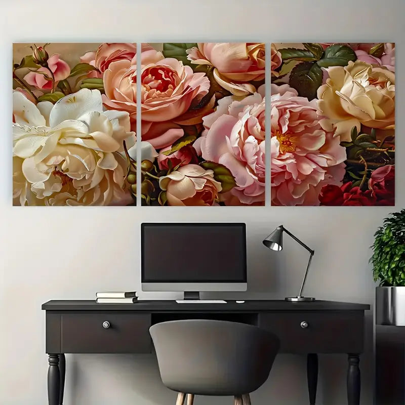 3pcs Peonies Garden Vintage Classical Metal Print Ready to Hang Art