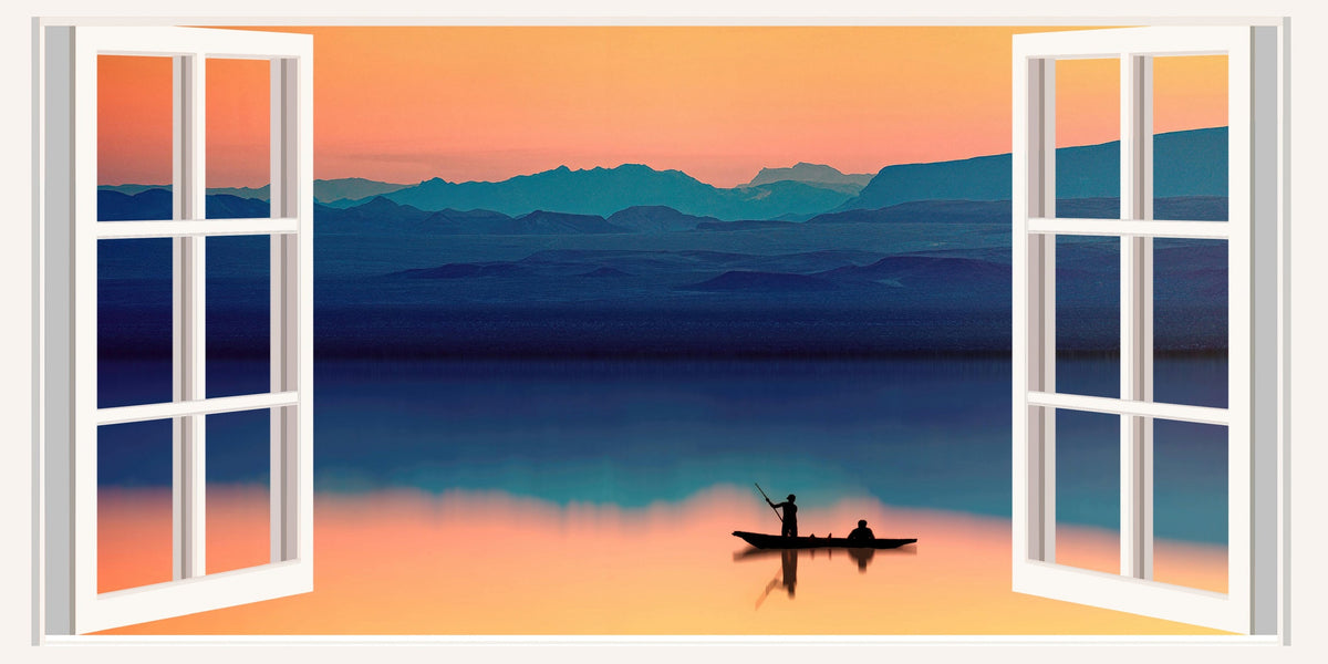 Sunset Lake Boat Silhouette Wall Art Canvas Office Home Room Framed 80x45cm