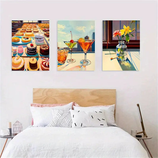 3pcs Colorful Desserts, Cocktails & Flowers Vintage Metal Print Ready to Hang Art
