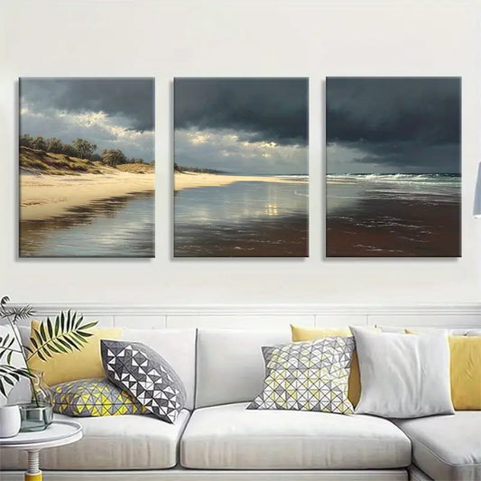 3pcs Stormy Beach Moody Sky Wet Sand & Gentle Waves Metal Print Ready to Hang Art