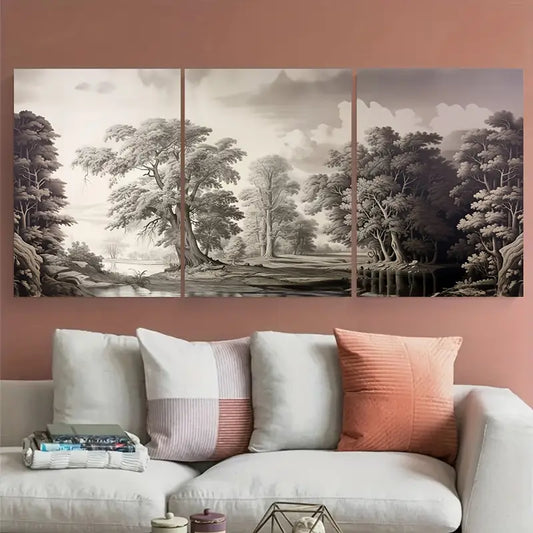 3pcs Black & White Trees Pond & Woods Metal Print Ready to Hang Art