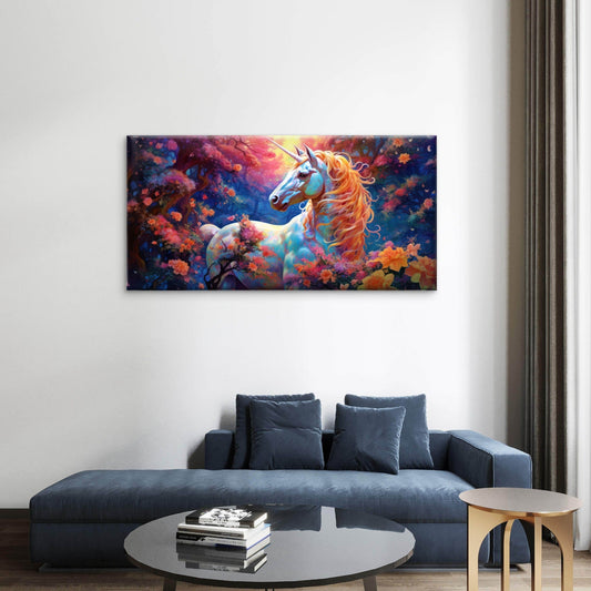 Magical Unicorn Rainbow Floral Fantasy Wall Art Canvas Office Home Framed 80x45cm