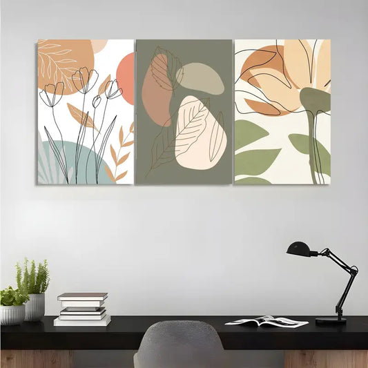 3pcs Abstract Botanical Minimalist Line Art with Earthy Tones Metal Print Ready to Hang Art