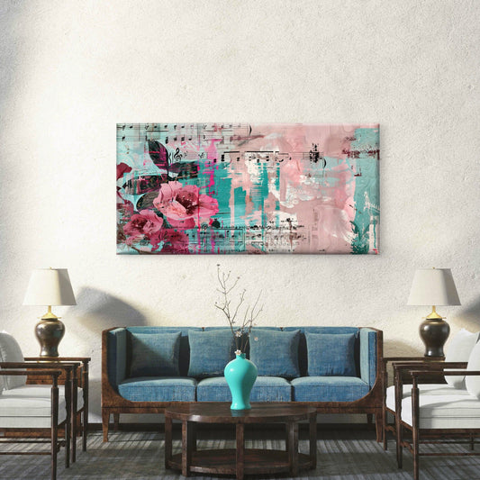 Pink Teal Sheet Music Floral Wall Art Canvas Office Home Room Framed 80x45cm
