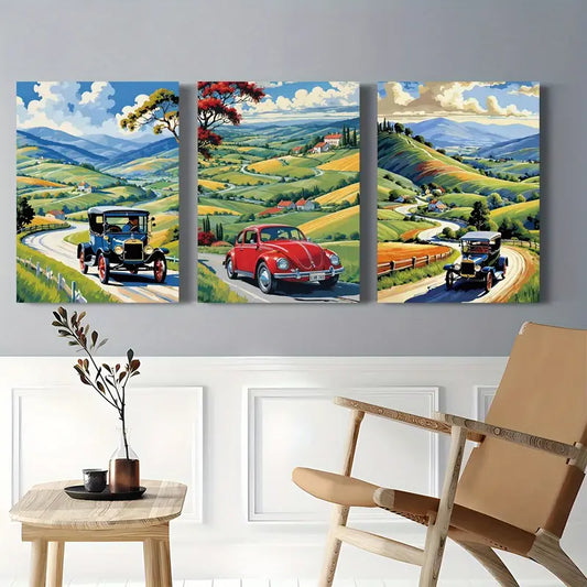 3pcs Watercolor Vintage Cars on Countryside Roads Metal Print Ready to Hang Art
