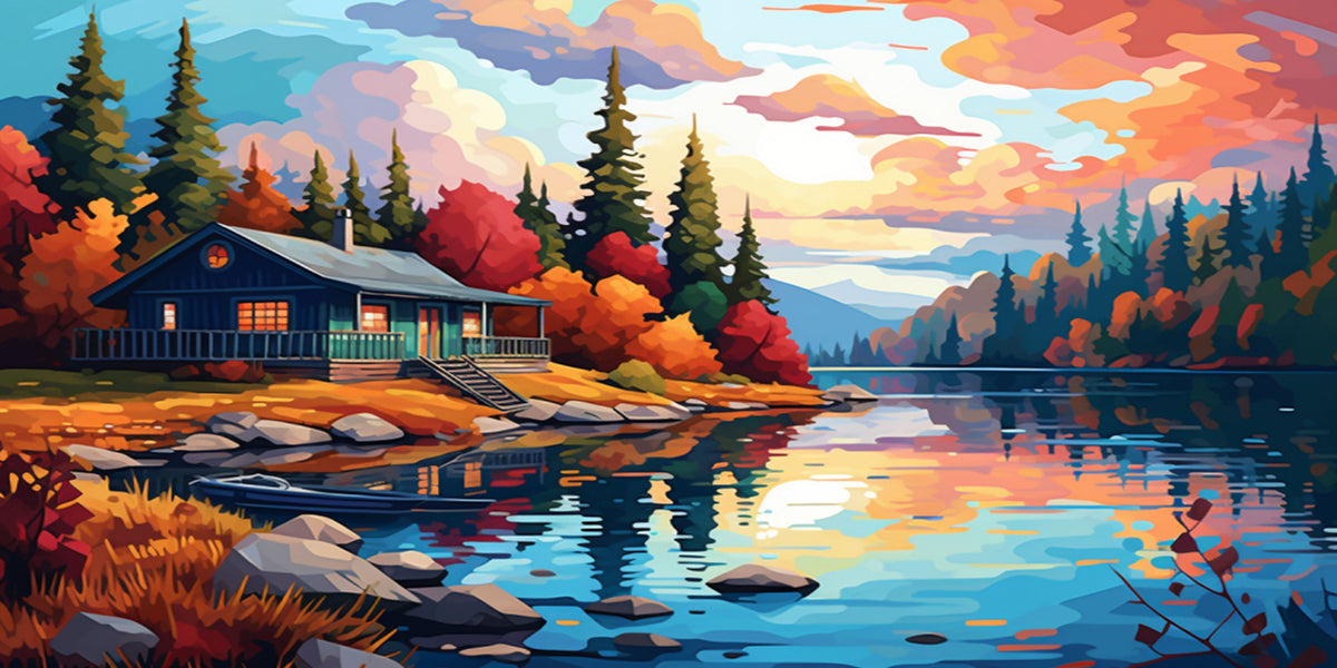 Cozy Log Cabin Lake Sunset Reflection Wall Art Canvas Office Home Framed 120x60cm