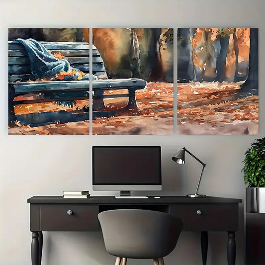 3pcs Peaceful Park Bench with Blanket Metal Print Ready to Hang Art