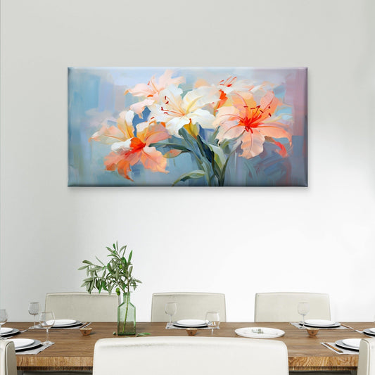 White Peach Lilies Floral Canvas Wall Art Canvas Office Home Room Framed 80x45cm