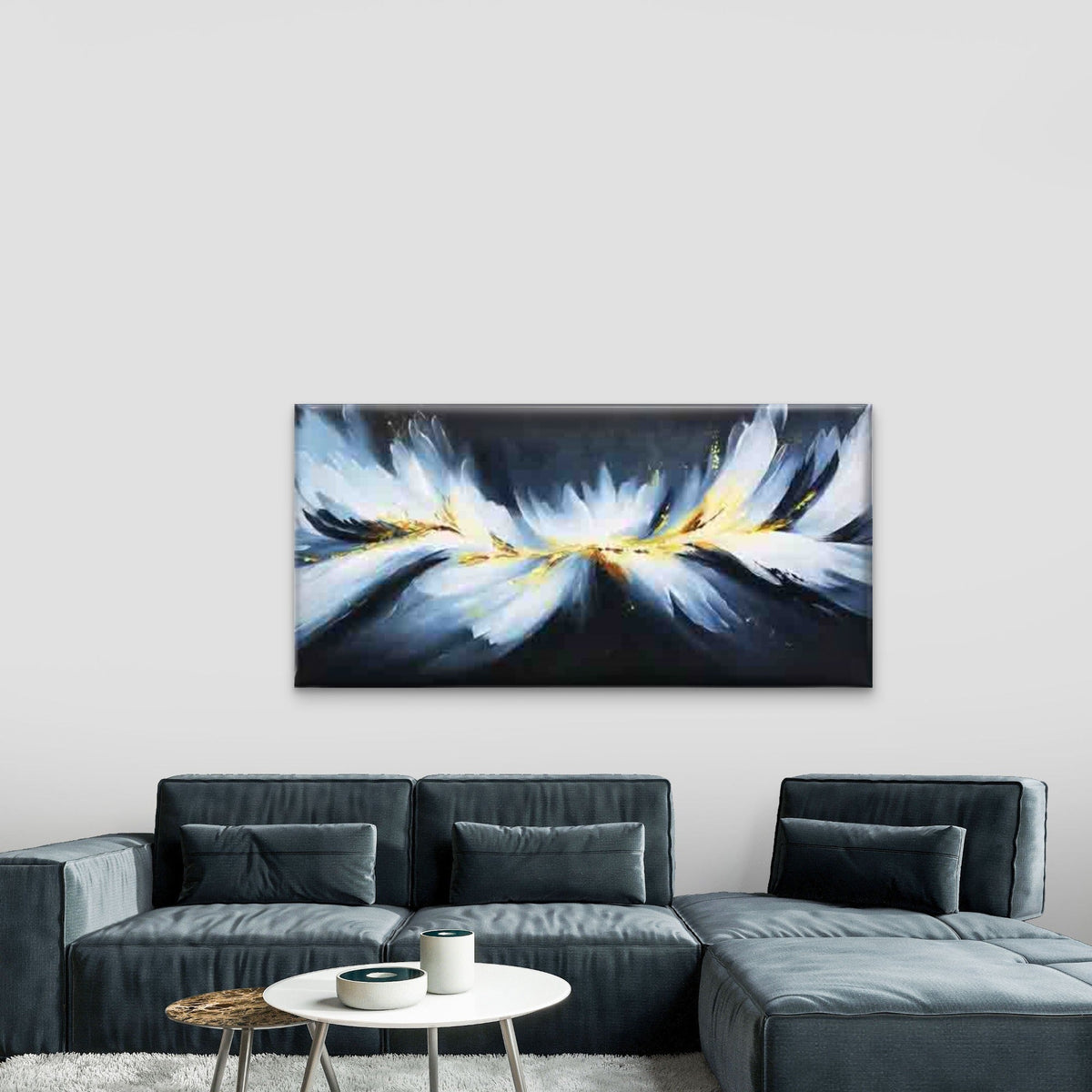 Golden And Blue Abstract Feathe Wall Art Canvas Office Home Room Framed 80x45cm