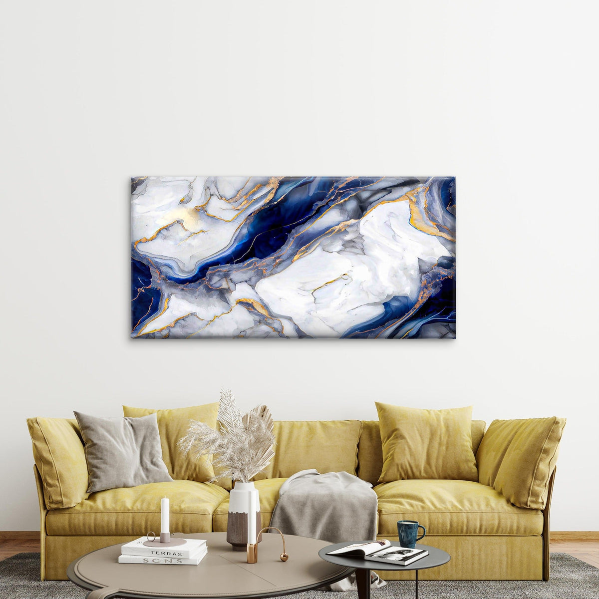 Abstract Marble Navy Blue White Wall Art Canvas Office Home Room Framed 120x60cm