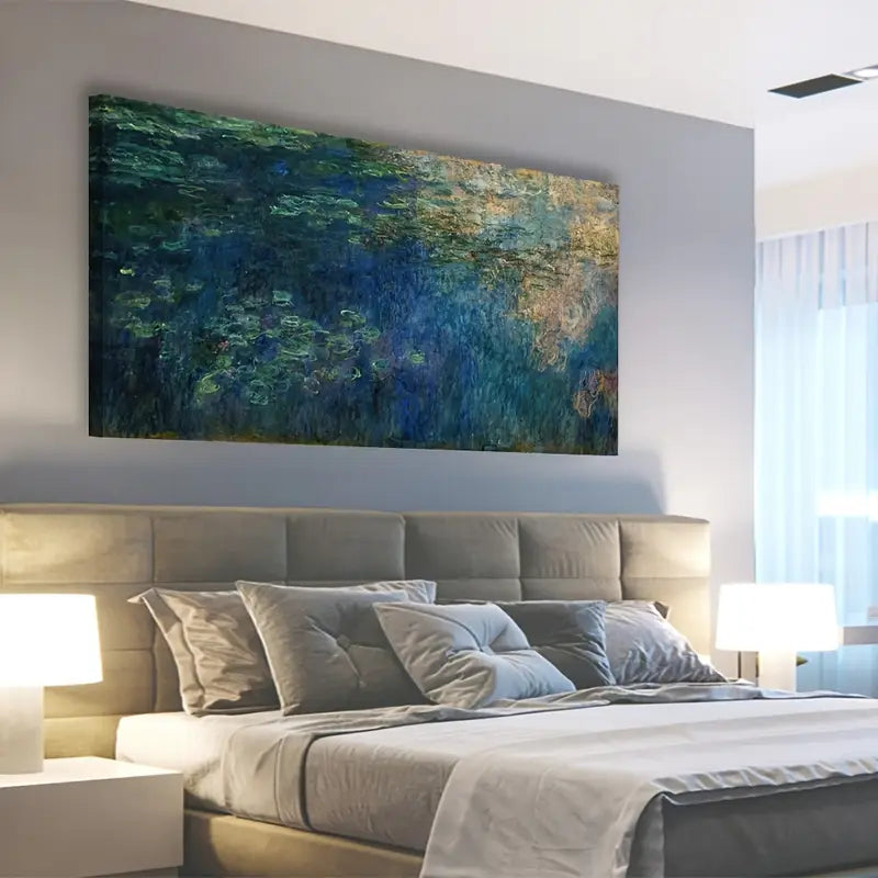 Water Lilies Vintage Monet Dark Blue & Green Hues Horizontal Wall Art canvas office home room framed 80x45cm