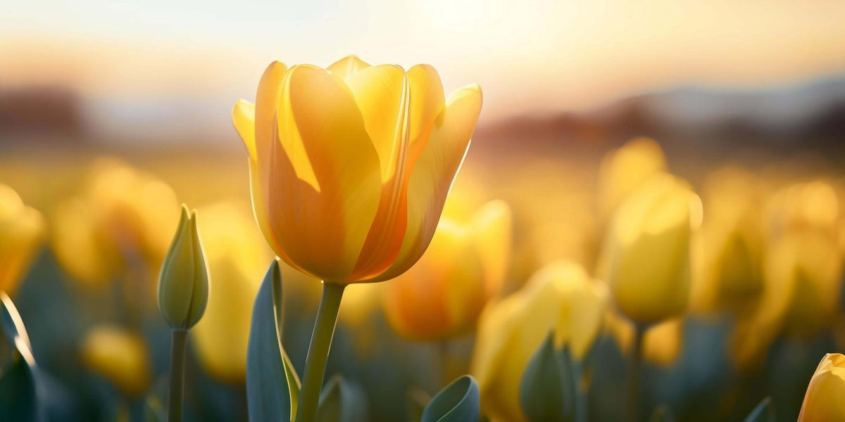 Golden Yellow Tulip Field Sunset Wall Art Canvas Office Home Framed 80x45cm